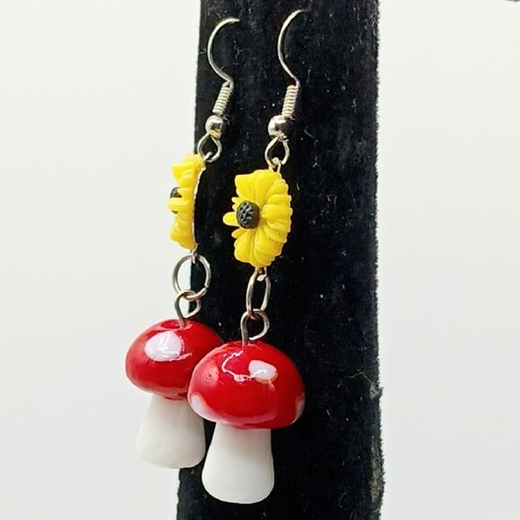 Cute Yellow Sunflower Red Mushroom Hypoallergenic Dangle Earrings - Spencer's - Picture 2 of 3